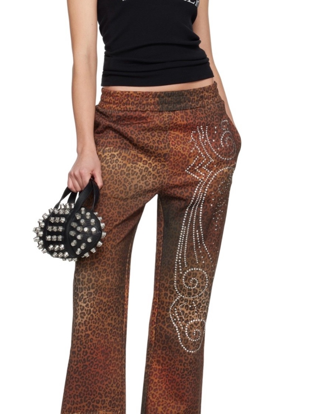 Leopard Print Wide-Leg Pants with Crystal Swirl - Brown